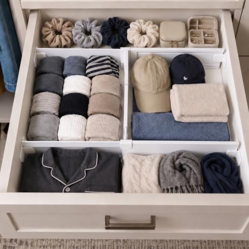 Adjustable Drawer Dividers for Small & Junk Drawers - Starter Kit | Slim interlocking grid for vanity, makeup, desk & bathroom; 3D guide shows where each piece goes; expandable, tool-free