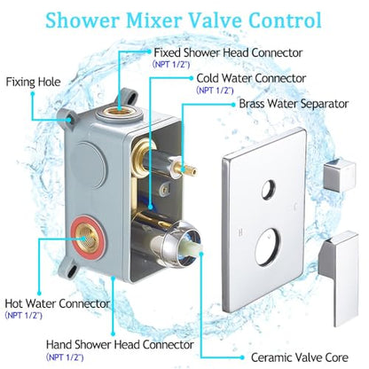 Shower Faucet Set Polished Chrome Surface Large 12 Inch Shower Head Handheld Shower Combo Set High Pressure Recessed Wall Mount, Chrome - color: Polished Chrome, style: 12"- 2 Function