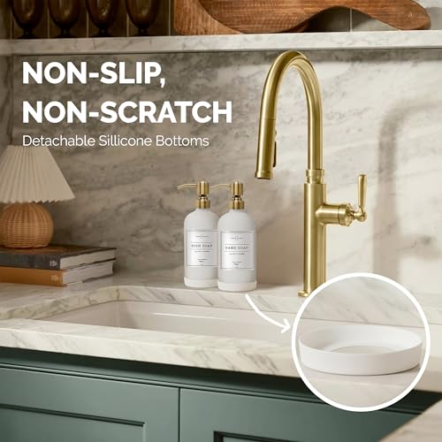 Vine Creations White Glass Soap Dispenser, 2 Pack Kitchen Soap Dispenser Set with Stainless Steel Pump, 16 oz Dish Soap and Hand Soap Dispensers for Bathroom with Waterproof Labels - color: Matte White Bottle / Brushed Brass Pump