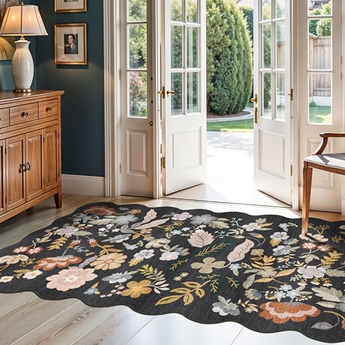 Boho Floral 4x8 Scalloped Rug: Washable Non-Slip Hallway Runner Rug Black | Low-Pile Thin Wide Soft Indoor Carpet Runner for Entryway Kitchen Living Room - Stain Resistant Area Rug for Boho Home Decor - color: Black, size: 4' x 8' (Runner)
