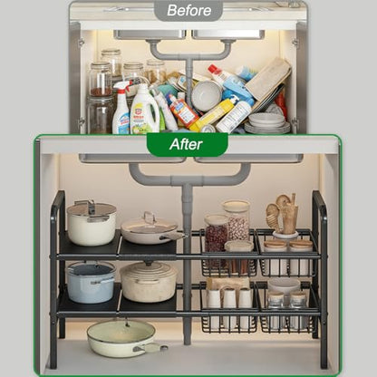 Under Sink Organizer and Storage 2 Tier Expandable Shelves Kitchen Cabinet Crganizers with 4 Baskets and 4 Panels for Bathroom Counter shelf Pantry