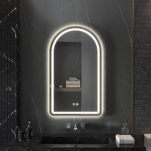 Arched Bathroom Mirror 30"x40", Gold, LED Tempered Glass | arch led bathroom mirror wall mounted vanity lighted tempered glass dimmable anti fog metal frame