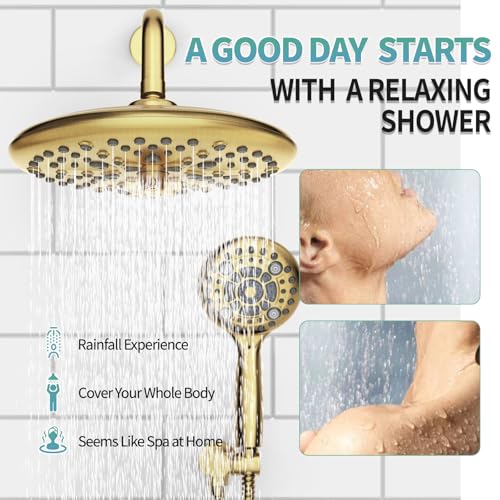 SR SUN RISE Shower Faucet - 10 Inch Multifunctional High Pressure Shower Head System with Handheld Shower Head Fixtures - Valve Included - Brushed Gold - color: Brushed Gold, size: 10 Inch