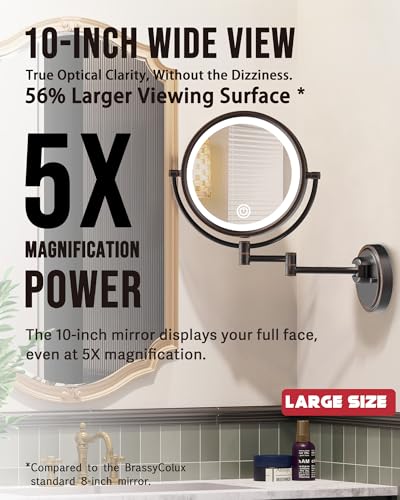 10" Brass Large Wall Mounted Makeup Mirror with Extension Arm Lighting | 3 Color LED Touch Dimming, 1/5X Double-Sided Magnifying Vanity for Bathroom, Hard Wired Oil Rubbed Bronze - color: Oil Rubbed Bronze