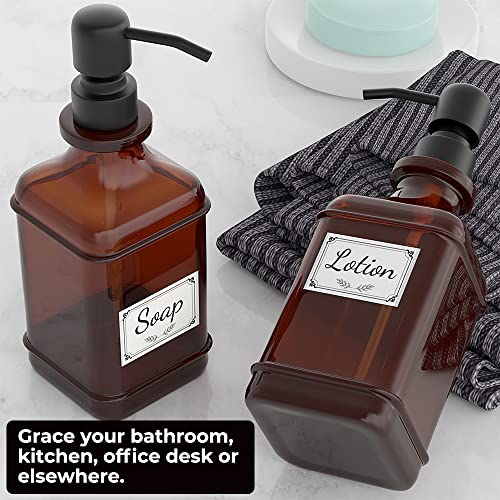 GLADPURE Soap Dispenser 2 Pack, Hand Soap Dispensers with 18 Oz Antique Design Thick Amber Glass Bottle, 316 Rust Proof Stainless Steel Black Pump, 6Pcs Stickers, for Lotion, Soap, Essential Oil - color: Brushed-black
