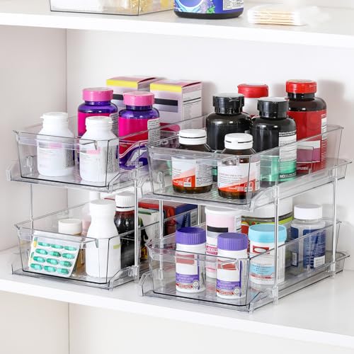 2 Set, 2 Tier Clear Organizer with Dividers for Cabinet, Shlef, Counter - MultiUse Slide-Out Storage Container - Kitchen, Pantry, Medicine Cupboard Bins, Bathroom, Vanity Makeup, Under Sink Organizing - size: 8" W - 2 Set