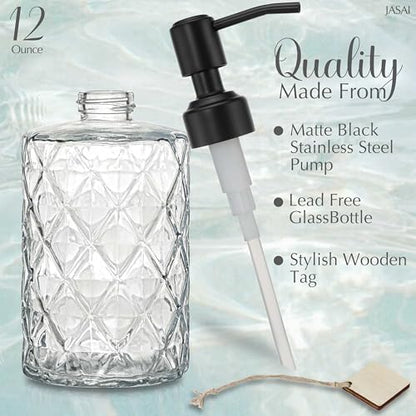 JASAI Diamond Design 12 Oz Glass Soap Dispenser with Black Pump | Small Hand soap Dispenser with Rust Proof Pump, Bathroom Soap Dispenser for Hand Soap, Liquid Soap, Dish Soap. - color: Clearglass-black Pump, style: Diamond