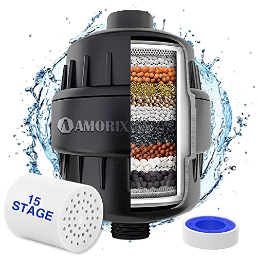 Amorix 15 Stage Shower Head Filter Water Filter for Hard Water Black | High Output Filter Replacement, Reduces Chlorine, Reduces Dry Skin & Itchy Scalp, Water Softener, Improves Skin Condition - color: Matte Black, style: Shower Filter