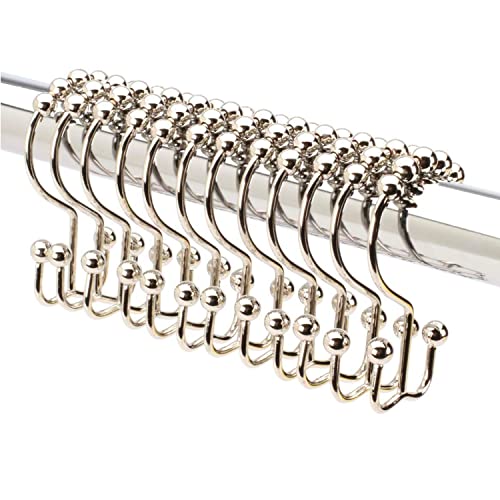 2LB Depot Double Shower Curtain Hooks Rings Polished Nickel Decor Finish Premium Rust-Resistant Stainless Steel Metal Hooks Roller Balls Glide on Shower Rods 12-Piece Set - color: Polished Nickel