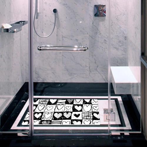 Bath Tub Mat Non Slip 15.1 x 26.8 Inch, Doodle Checkerboard Texture and Hearts Eco Friendly Bathmat with Suction Cups Drain Holes Shower Tub Mats - color: Multi 07