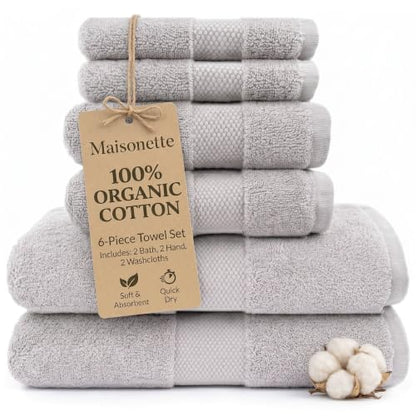 Maisonette Elegance 100% Organic Cotton Turkish Bathroom Towels Set, Ideal Quick Dry Luxury Washcloths, Hand & Large Luxury Bath Towels for Shower (6 Pack), Pewter - color: Pewter, style: Bath Towel Set - 6 Piece