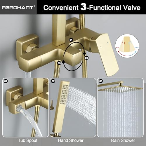 RBROHANT Brushed Gold Exposed Shower System with Tub Spout, Exposed Shower Fixtures for Bathroom with Brass 3-Functional Valve, Shower Height Adjustable, Wall Mounted - color: Brushed Gold