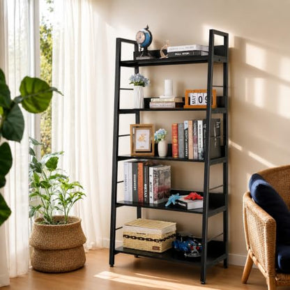 BATHWA 5 Tier Book Shelf, Rustic Industrial Ladder Bookshelf Wood Metal, Dark Brown Farmhouse 28'' Wide 59''Tall Ladder Shelf Living Room, Bedroom, Home Office - color: Espresso, size: 1pack-59"H x 27.7"W x 13.8"D