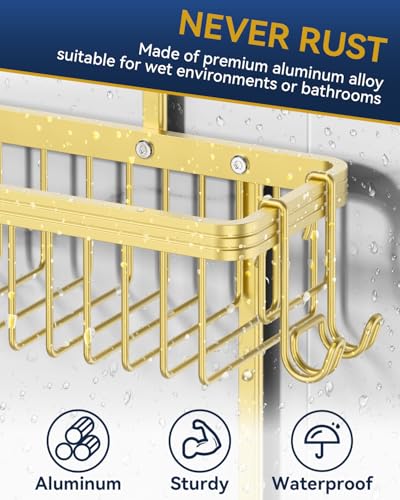 Never Rust Shower Caddy Hanging, Aluminum Shower Racks for Inside Shower, 2-Tier Shower Organizer Hanging Over Shower Head with Hooks and Soap Holder, Gold - color: Gold