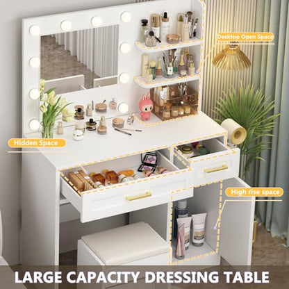 Vanity Desk with Mirror and Lights & Power Outlet | Makeup Desk with Drawer Storage Shelves,3 Lighting Mode Adjustable Brightness,Modern Handle Dressing Table with Chair Bedroom
