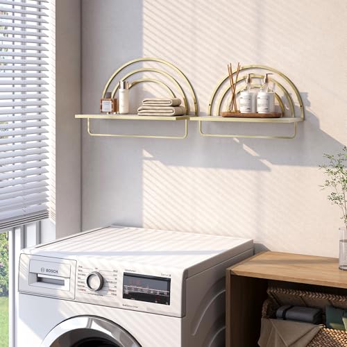 Oakrain Gold Wall Shelf with Arched Metal Frame, Set of 2, 13"&16" | Rustic Wood Floating Shelves, Farmhouse Towel Rack for Bathroom, Entryway, Living Room, Bedroom - color: Gold