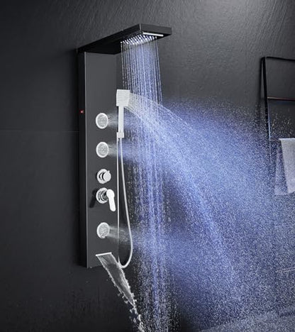 Multi-Function LED Lights Shower Panel System Black, 5 in 1 Shower Panel Include Rainfall & Waterfall Shower Head, 3 Pcs Adjustable Massage Jets, Handheld Shower, Tub Spout - color: Black - 2-in-1 Body Jets