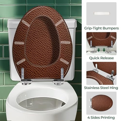 Elongated Resin Toilet Seat, Quietly Close Quick Release Hinges Cover | Toilet Lid Cover Easy to Clean and Install, Leather texture Heavy Duty Toilet Seat - color: pattern3, size: V-shape