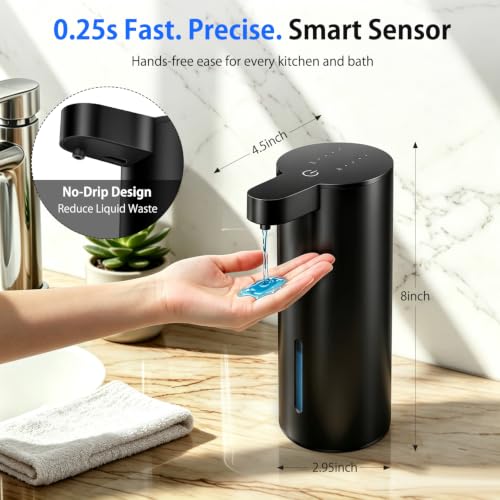 Touchless Automatic Liquid Soap Dispenser, Stainless Steel, Rechargeable | 4 Levels Adjustable, No Clog,13.5oz Capacity,IPX5 Waterproof, Wall Mount, For Hand & Dish Soap, Bathroom Kitchen Hotel Use - color: Black