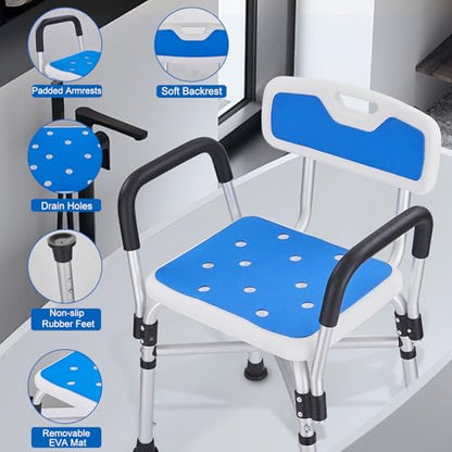 Shower Chair for Elderly and Disabled Inside Shower,Blue | 6-Height Adjustable Shower Seat for Inside Tub,Shower Chair with Arms and Back 400 LB Heavy Duty - color: Blue