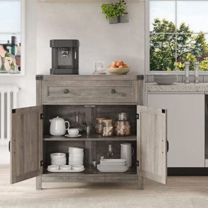 HOSTACK Kitchen Storage Cabinet, Farmhouse Coffee Bar Cabinet, Ash Gray | Small Buffet Cabinet with Doors & Wide Drawer, Wood Sideboard Buffet, Entry Table w/ Adjustable Shelf for Dining Living Room - color: Ash Grey
