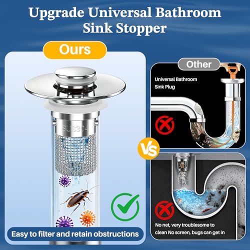 Bathroom Sink Drain Strainer,Pop Up Sink Stopper with Removable Stainless Steel Hair Catcher Basket, Anti-Clog Bathroom Sink Drain Plug for 1.1-2.36 Inch Drain Holes (Sliver 2Pcs) - color: Sliver-2pcs