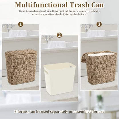 Wicker Waste Basket with Lid and Liner, Woven Seagrass Trash Can, Bathroom Trash Can, Boho Garbage Wastebasket for Bedroom Home Living Room Office Kitchen, 2.5 Gallon - color: Seagrass