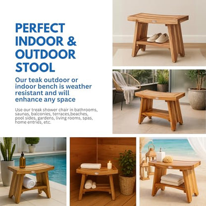 EcoDecors Serenity 24-Inch Teak Shower Bench with Shelf, 300 lb | Supports up to 300 lb with adjustable non-slip feet for stable, secure seating in showers and bathrooms - size: 24" shelf