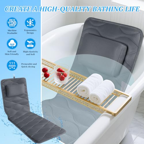 TranquilRelax Bath Pillow for Tub with Laundry Bag & 17 Non-Slip | Suction Cups,Extra Thick and Soft Bathtub Pillow for Head, Neck & Shoulder Support, 56" x 16" Grey