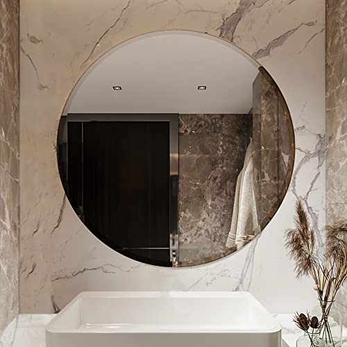 42 Inch Round Frameless Bathroom Vanity Mirror with Beveled Edge - Shatterproof Circle Wall Mounted Decorative Glass with Safety Backing for Living Room Bedroom Hallway Entryway - Fab Glass and Mirror - size: 42"L x 42"W, style: Round