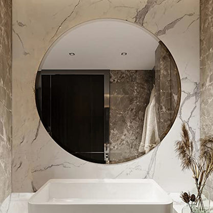 42 Inch Round Frameless Bathroom Vanity Mirror with Beveled Edge - Shatterproof Circle Wall Mounted Decorative Glass with Safety Backing for Living Room Bedroom Hallway Entryway - Fab Glass and Mirror - size: 42"L x 42"W, style: Round