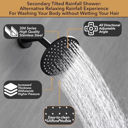 VANFOXLE Thermostatic Shower Faucet Set Matte Black Shower System | Push Button Diverter, 12 Inch Ceiling Mount Rain Head Increased Thick, 6 Inch Side Head, 2-in-1 Handheld Sprayer, Modern - color: Matte Black, style: 12 Inch