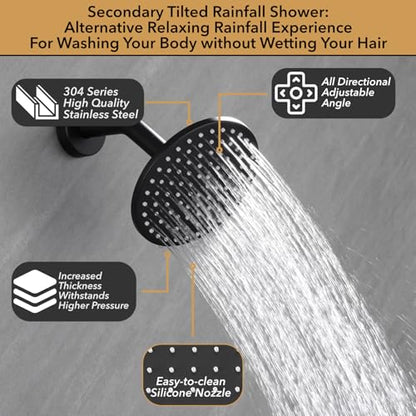 VANFOXLE Thermostatic Shower Faucet Set Matte Black Shower System | Push Button Diverter, 12 Inch Ceiling Mount Rain Head Increased Thick, 6 Inch Side Head, 2-in-1 Handheld Sprayer, Modern - color: Matte Black, style: 12 Inch