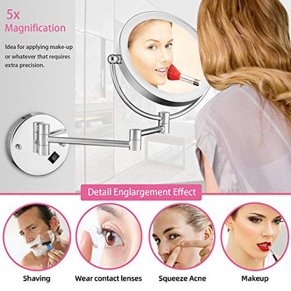 Wall Mounted Lighted Makeup Mirror, 8 Inch Double-Sided 1X 5X Magnifying Mirror for Bathroom, 11'' Extendable Arm, 360° Swivel, Touch DimmableLED Lights, Powered by Plug in, Chrome