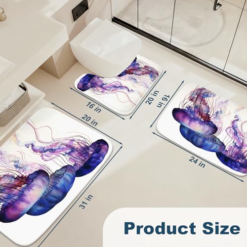 Bathroom Mat Set Ocean Nautical Tropical Modern Aesthetic Pretty Bathroom Rugs Sets 3 Piece Jellyfish, Memory Foam Bath Rugs, U-Shaped Toilet Rug Non Slip Absorbent Purple White - color: Color19