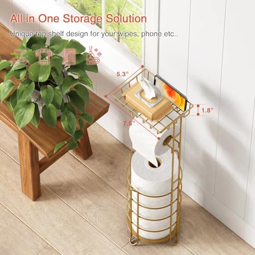 Goozii Gold Free Standing Toilet Paper Holder Stand with Phone Shelf, Floor Bathroom Tissue Holder for Large Mega Rolls, Metal Freestanding Toilet Paper Roll Holder with Wipes Storage Tray - color: Gold
