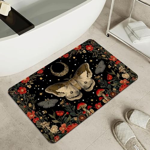 Bath Mat-Bathroom Rug，Moth Moon Mushrooms Flowers Non Slip Quick Dry Stain Resistant Easy to Clean Care Shower Rug for Bathtub Shower Room 17×27.5Inch (43 * 70cm) - color: Moth Moon Mushrooms Flowers, size: 17 x 27.5 inches