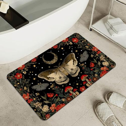 Bath Mat-Bathroom Rug，Moth Moon Mushrooms Flowers Non Slip Quick Dry Stain Resistant Easy to Clean Care Shower Rug for Bathtub Shower Room 17×27.5Inch (43 * 70cm) - color: Moth Moon Mushrooms Flowers, size: 17 x 27.5 inches