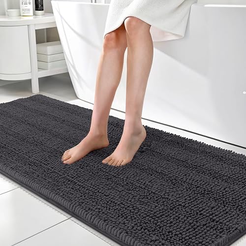 OLANLY Thick Bathroom Runner Rugs 70x24, Soft Chenille Bath Rugs, Dark Grey | Absorbent Striped, Rubber Backing, Machine Wash, Long Bath Mats for Bathroom Floor, Tub and Shower, Home Decor Accessories - color: Dark Grey, size: 70" X 24"