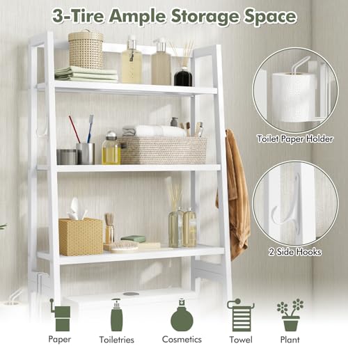 Giantex Over The Toilet Storage, 3-Tier Freestanding Bathroom Space Saver with 2 Hooks, Toilet Paper Holder & Adjustable Bottom Bar, Metal Over Toilet Bathroom Organizer for Restroom, Laundry (White) - color: White