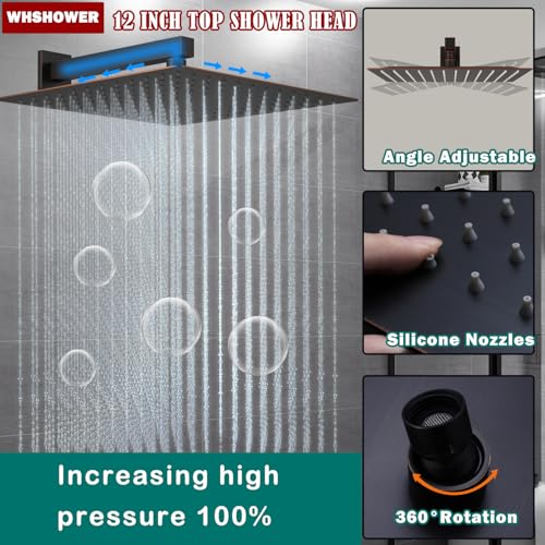 Temperature Display Rain Mixer Shower Faucet Set with 6 pcs Body Jets 12 inch Square Rainfall Shower Head with Handheld Spray Wall Mounted Rough-in Valve and Trim Included, Oil Rubbed Bronze - color: Oil Rubbed Bronze