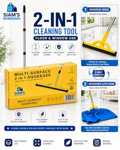 2-in-1 Heavy Duty Floor Squeegee and Water Broom with Telescopic Handle, EVA Foam Blade for Tile, Concrete, Marble, Garage, Patio and Shower Cleaning