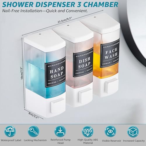Shampoo and Conditioner Dispenser for Shower, 3 Chamber, White | Wall Mounted, No Drill, 3×16.9oz, ABS Plastic Material, Refillable With Labels, For Bathroom Hotel - color: Dm35-white