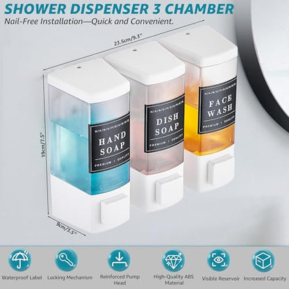 Shampoo and Conditioner Dispenser for Shower, 3 Chamber, White | Wall Mounted, No Drill, 3×16.9oz, ABS Plastic Material, Refillable With Labels, For Bathroom Hotel - color: Dm35-white