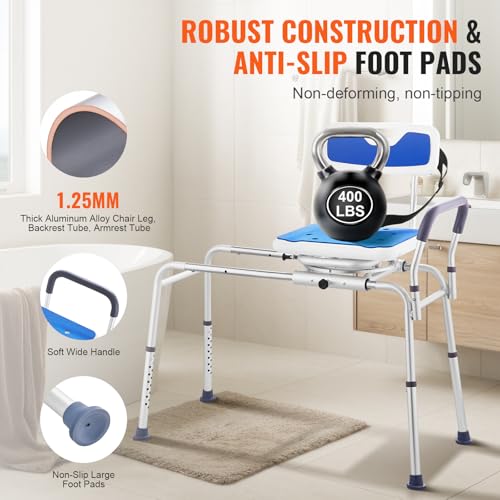 VEVOR Sliding Tub Transfer Bench with 360 Degree Swivel Seat, Height Adjustable Bathtub Transfer Bench with Armrest & Safety Belt, Non-Slip Rotating Shower Chair for Elderly Disabled, 400LBS Capacity