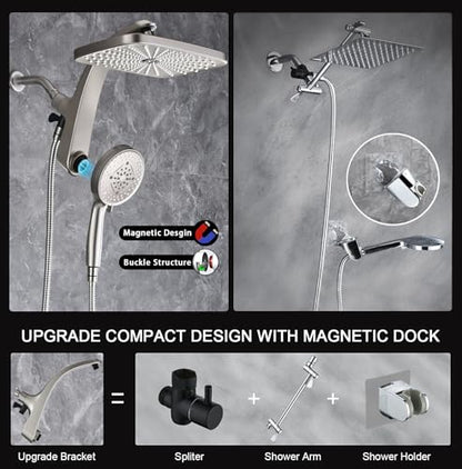 12" High Pressue Rain Shower Head with Handheld, 9 Sprays Hand Showerhead | Shower Heads with Handheld Spray Combo, Dual Head, Built-in Magnetic Docking, Power Jets, 59" Shower Hose, Nickel 1.75GPM - color: Nickel