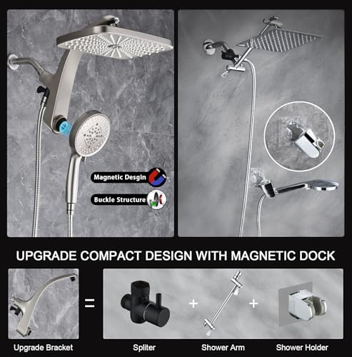 12" High Pressue Rain Shower Head with Handheld, 9 Sprays Hand Showerhead | Shower Heads with Handheld Spray Combo, Dual Head, Built-in Magnetic Docking, Power Jets, 59" Shower Hose, Nickel 1.75GPM - color: Nickel