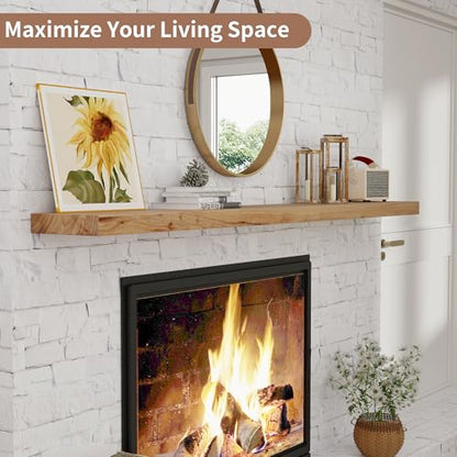 Floating Shelves for Wall, 72in Reclaimed Elm Wood Shelves, Natural | 8" Deep Wall Shelf, Invisible Bracket, Large Long Wall Shelves, Living Room, Bedroom, Kitchen, Bathroom - color: Natural Flat Edge, size: 72 inches - 1P
