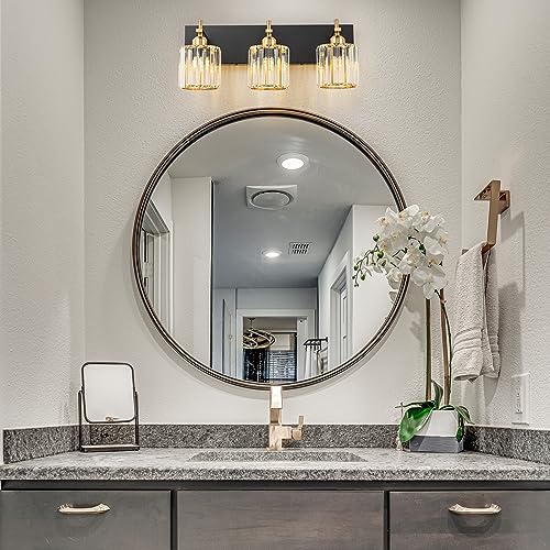Modern Crystal Bathroom Vanity Lights, 3-Lights Black Gold Bathroom Light Fixtures Over Mirror, Crystal Vanity Light with Polished Gold Finish(Exclude Bulb) - color: Black Gold-Round Shade, size: 3-Light