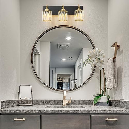 Modern Crystal Bathroom Vanity Lights, 3-Lights Black Gold Bathroom Light Fixtures Over Mirror, Crystal Vanity Light with Polished Gold Finish(Exclude Bulb) - color: Black Gold-Round Shade, size: 3-Light
